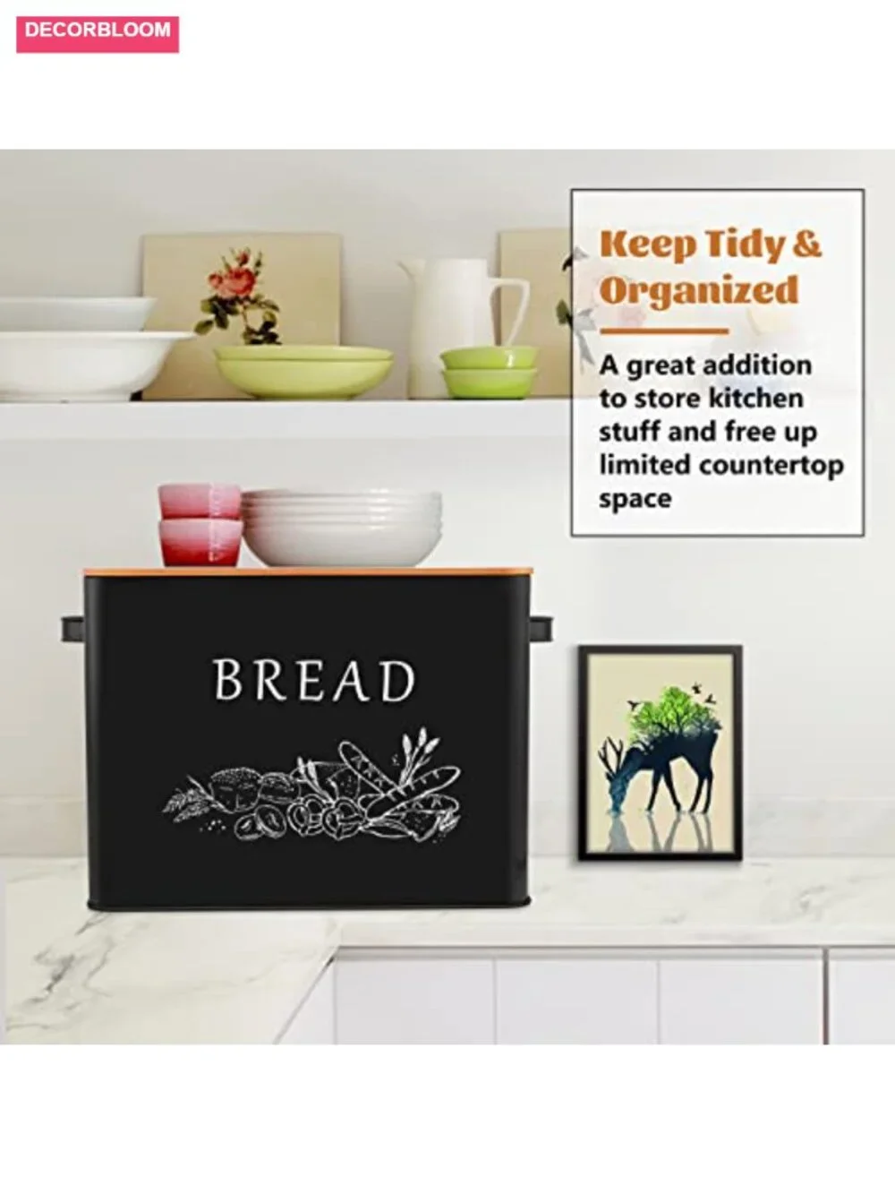 E-far Bread Box Metal Storage Container with Bamboo Lid